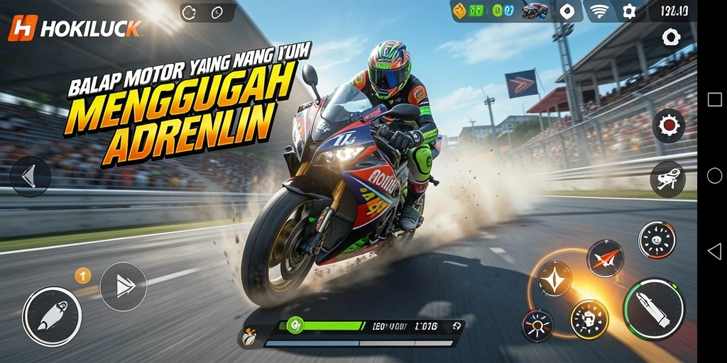 Gameplay mendebarkan HOKILUCK dengan balapan motor yang kompetitif.