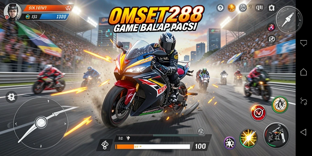 Screenshot gameplay OMSET288 menampilkan motor balap di lintasan.