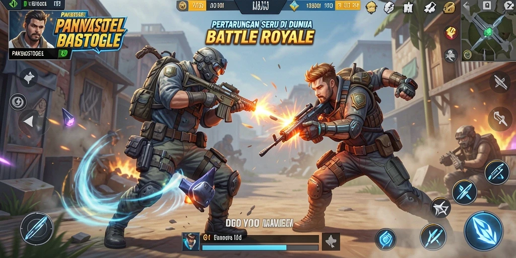 Tangkapan layar gameplay PAKBOSTOGEL yang menunjukkan aksi Battle Royale yang intens.