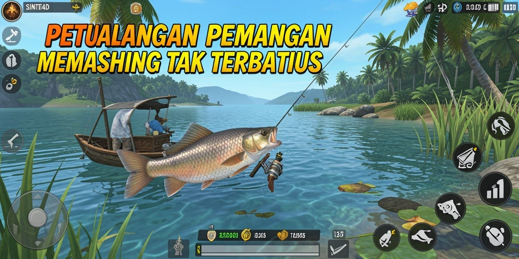 Screenshot gameplay menunjukkan petualangan memancing yang mendebarkan.