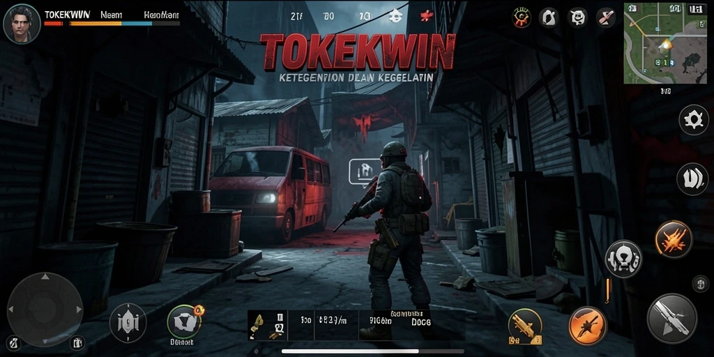 Tangkapan layar utama TOKEKWIN menunjukkan suasana mencekam dan gameplay menakutkan.